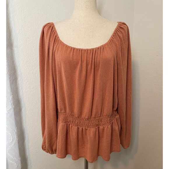 Lauren Conrad Women’s XXL Metallic Peplum Blouse Rust Orange Long Sleeve Top - Picture 1 of 8